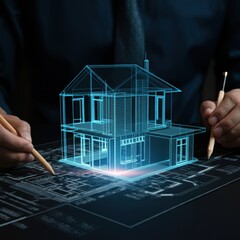 Architectural blueprint, futuristic hologram, neon glowing lines, architect designing smart home, wireframe house model, engineering concept, modern building structure, dim blue lighting