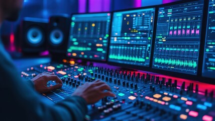 A close-up of a sound engineer adjusting audio levels on a digital mixer, showcasing vibrant lights and dynamic sound waves.