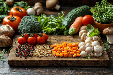 Fresh vegetables and herbs on a rustic wooden table.