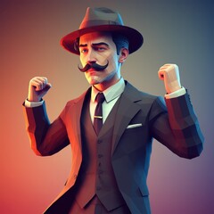 Wall Mural - a man in a stylish outfit, dynamic pose with arms raised, colorful gradient background, digital art style, vibrant colors, low poly 3D render