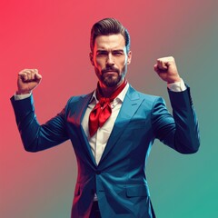 Wall Mural - a man in a stylish outfit, dynamic pose with arms raised, colorful gradient background, digital art style, vibrant colors, low poly 3D render