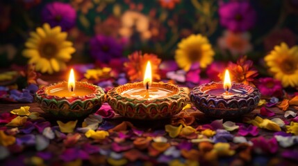 Diwali diya oil lamps with flowers holiday background. Creating a festive and decorative composition.