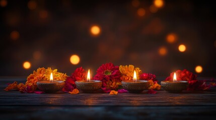 Diwali diya oil lamps with flowers holiday background. Creating a festive and decorative composition.