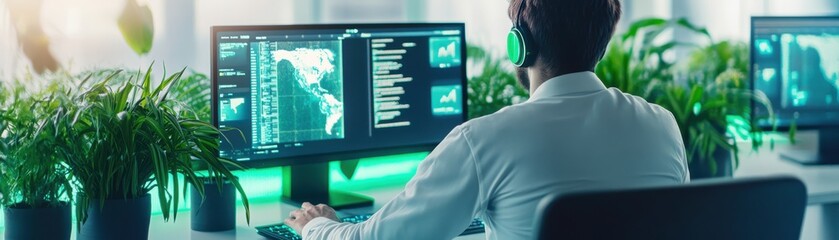 A focused professional working at a modern desk with dual monitors, surrounded by vibrant plants, ideal for tech and workspace themes.