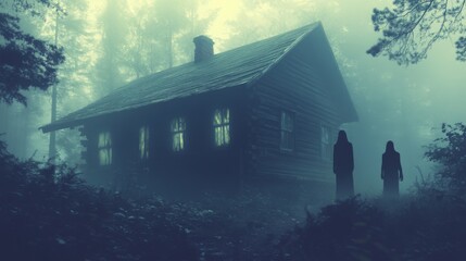 Two Silhouettes Standing Before a Foggy Cabin in the Woods