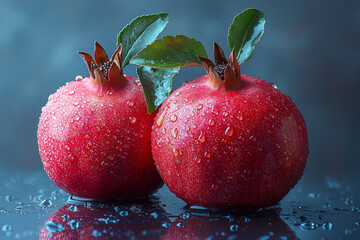 Two ripe pomegranates with water droplets.