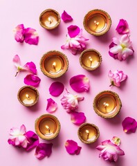 Diwali diya oil lamps with flowers holiday background. Creating a festive and decorative composition.