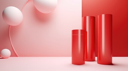 Wall Mural - a simple and elegant 3d rendering of three red cylinders on a pink background.