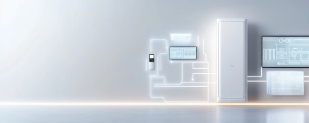 A modern digital interface featuring smart technology on a sleek, minimalistic wall background.