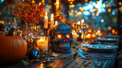 Wall Mural - A spooky table setting with candles, a skull, and a pumpkin.