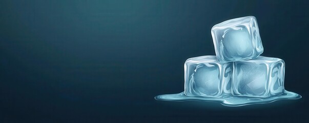 Broken ice cube with melting effect, cold blue background, flat design illustration