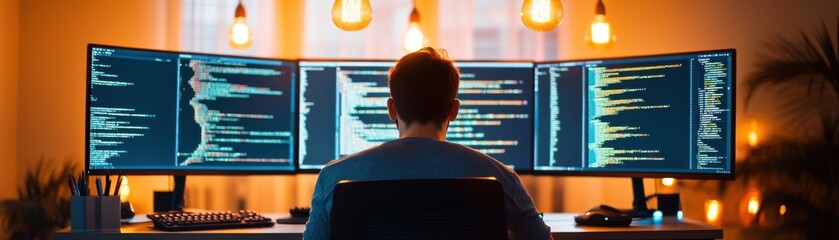 A programmer focused on coding with three monitors displaying complex software development. Warm lighting enhances productivity.