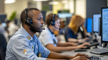 Dispatchers concentrate on their screens equipped with headsets as they manage emergency calls in a bustling call center environment