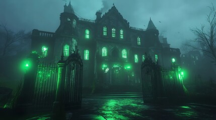 a haunted mansion with glowing green windows and gateways