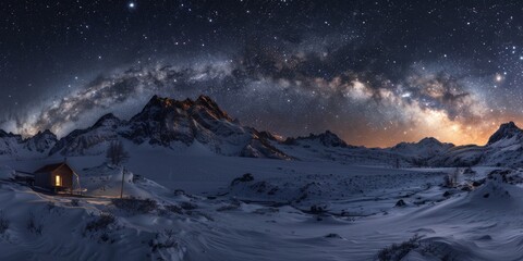 Wall Mural - snow, night sky, milky way, stars, landscape, low angle, AI Generative