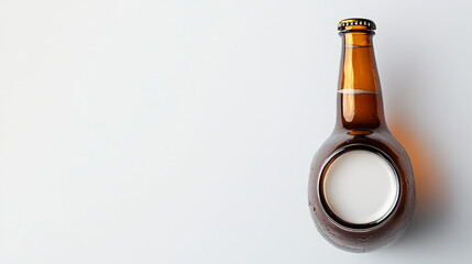 A close-up of a beer bottle filled with cream colored liquid on a plain white background