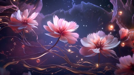 Wall Mural - delicate pink flowers bloom against a dark blue background, surrounded by glowing orbs and ethereal 