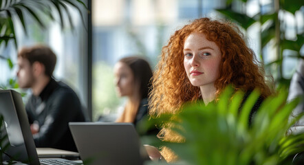 Poster - A young woman with curly red hair and glasses is working on a laptop in a modern office