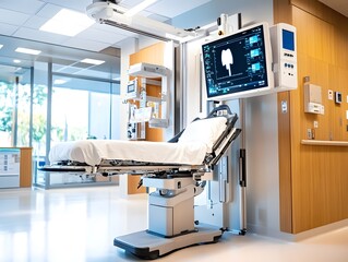 Poster - Modern hospital examination table with monitor.