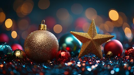 Poster - Festive Christmas Ornaments with a Golden Star and Bokeh Lights