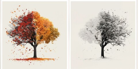 Wall Mural - The poster split a tree into 2 parts. Split poster showing a tree in fall and a tree in winter., AI Generative