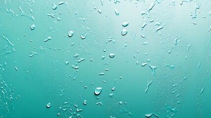 A close-up of water droplets on a smooth, aqua-colored surface, creating a refreshing and organic texture.