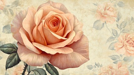 Wall Mural - Close-Up of a Single Peach-Colored Rose on a Vintage Background