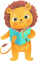 Wall Mural - Baby Lion reading a book, cute kids library and school illustration. Study and education graphics for children. Lion animal reading book. Vector cartoon clip art for kids education.