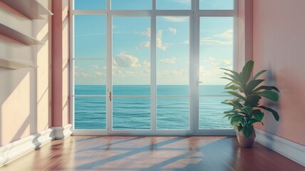 Wall Mural - wide window corner view, wall shelf, modern molding,view from a high balcony, lake Michigan view, sunny, for poster,high definition, Unreal Engine, AI Generative