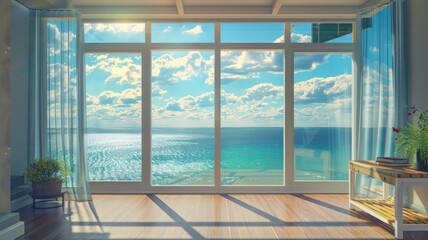 Wall Mural - wide window corner view, wall shelf, modern molding,view from a high balcony, lake Michigan view, sunny, for poster,high definition, Unreal Engine, AI Generative