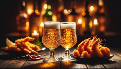 two crystal beer glasses filled with golden lager, intricate rosette patterns etched on the glasses,