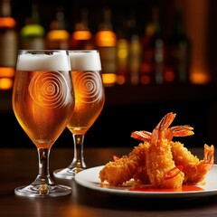 Two crystal beer glasses filled with golden lager, intricate rosette patterns etched on the glasses, a plate of breaded fried shrimp or prawns with a spicy chili sauce, blurred liquor bottles in the b