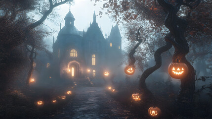 foggy night surrounding a gothic mansion, with twisted trees and glowing pumpkins leading the way to the entrance