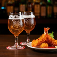 Two crystal beer glasses filled with golden lager, intricate rosette patterns etched on the glasses, a plate of breaded fried shrimp or prawns with a spicy chili sauce, blurred liquor bottles in the b