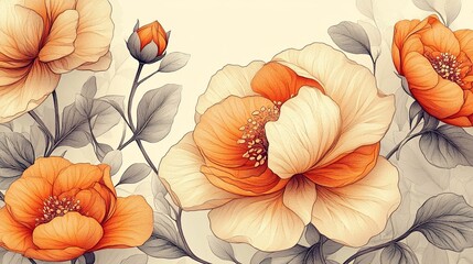 Poster - Orange and White Flowers with Detailed Line Art