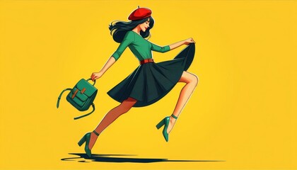 A fashionable young woman in a green top and black skirt, wearing a red beret and green low-heeled shoes, playfully jumping mid-air against a vibrant yellow background, carefree pose with backpack slu