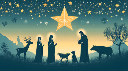 Bright Star of Bethlehem or Christmas Star Silhouettes of Jesus Christ Mary Joseph and animals