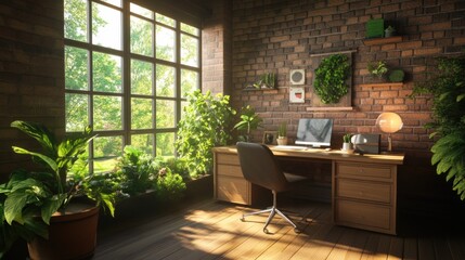 Home office with large windows, brick walls, wooden desk, indoor plants, natural light