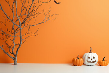 A clean and minimalist Halloween setting featuring a white jack-o-lantern and two orange pumpkins placed against a bold orange backdrop. The bare tree branches add a spooky, generative ai