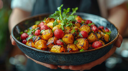 Wall Mural - Close-up of a bowl of roasted vegetables held by a person's hands.