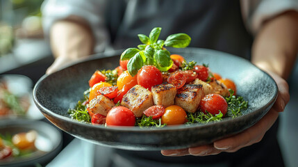 Close up of a delicious salad with grilled chicken, tomatoes, and fresh basil.