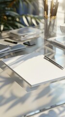 Wall Mural - a blank pad of white paper lying on a glass desk, with pens and other desk accessories surrounding the pad of paper cinematic, AI Generative