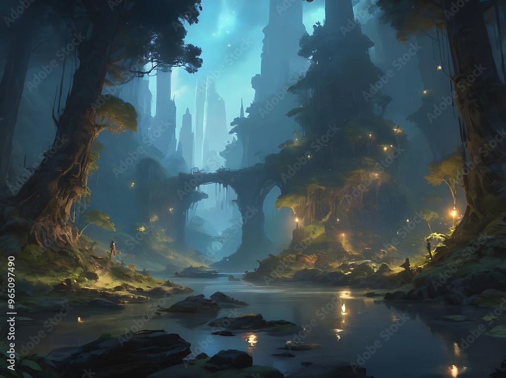 Lifelike enchanted forest landscape with a mystical river and glowing ...