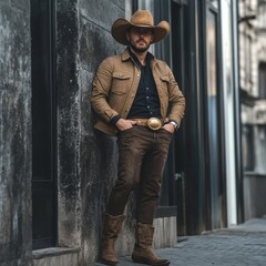 Sticker - A cowboy stands with a relaxed posture against a building, wearing a hat and stylish western outfit, AI Generative