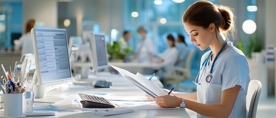 Sticker - Young Female Doctor Reviewing Medical Charts.