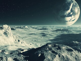 Wall Mural - a fantastical scene of a landscape on the moon, with craters and a view of earth in the sky, light m