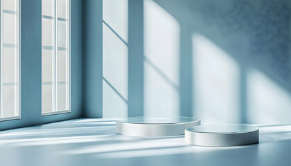 Minimalist blue room with two white round podiums and sunlight streaming through the window.