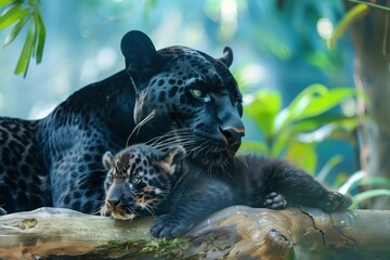 A black panther with a cub