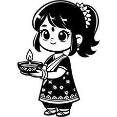 Little girl dressed in Indian clothes holding lit candle in monochrome. Simple minimalistic vector in black ink drawing on transparent background