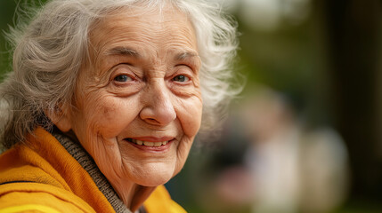 a friendly older woman smiles warmly while engaging with volunteers in an outdoor park activity, sho